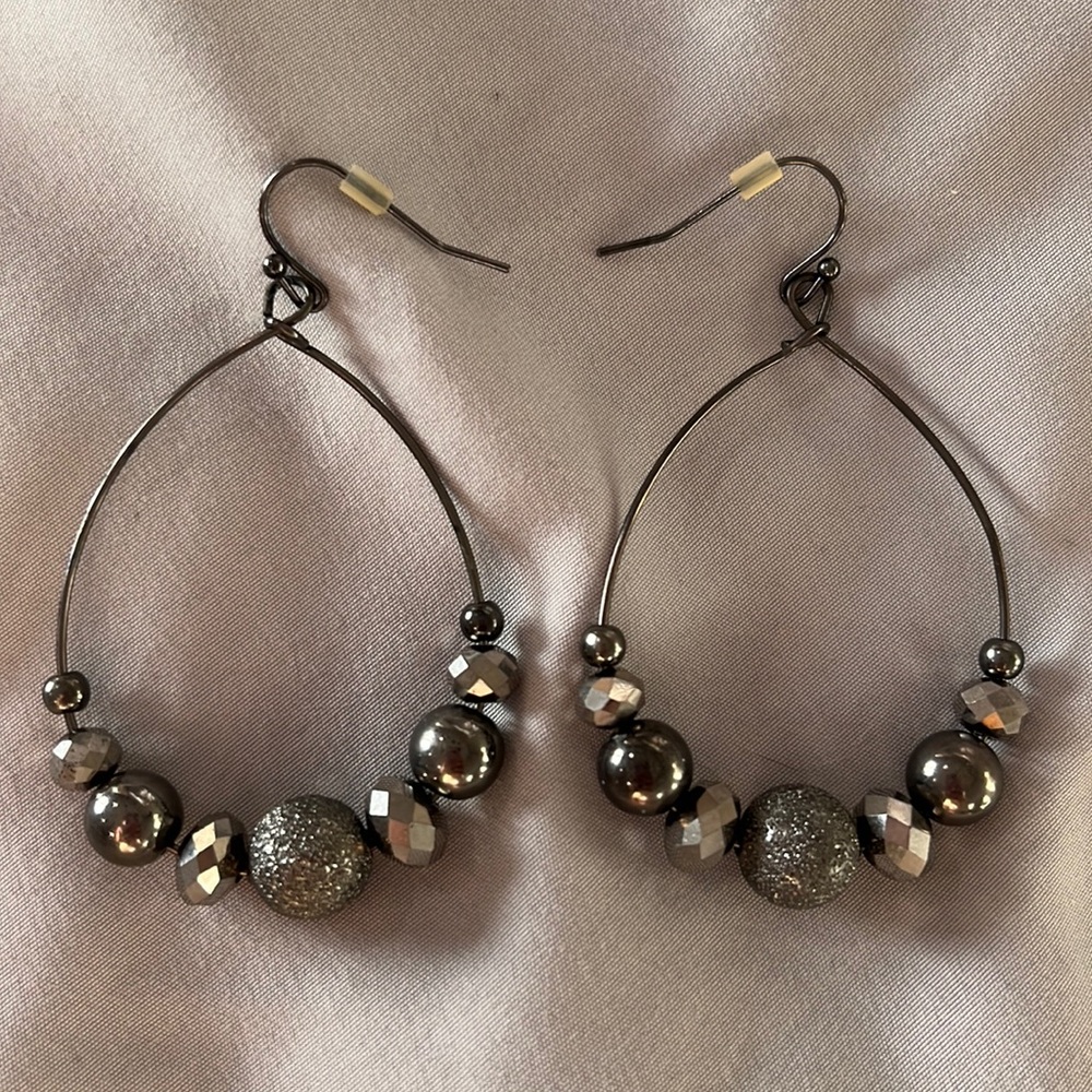 Gray Rhinestone Bead Drop Earrings